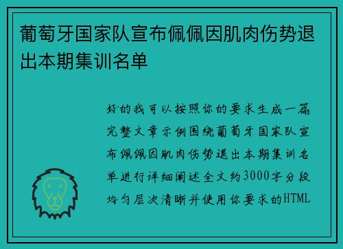葡萄牙国家队宣布佩佩因肌肉伤势退出本期集训名单